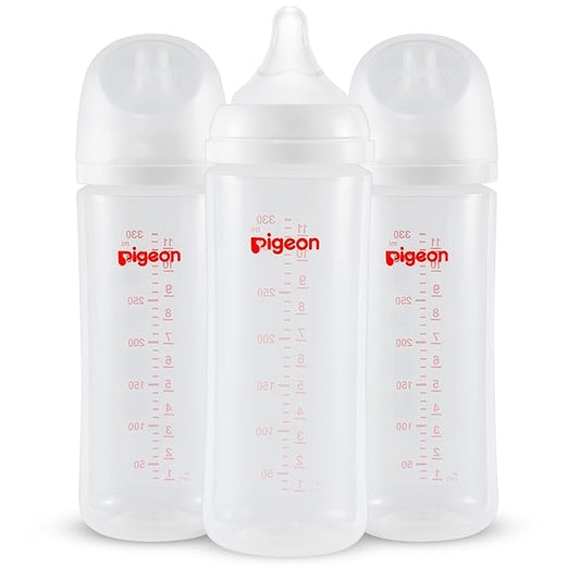 Pigeon PP Nursing Bottle Wide Neck, Anti-Colic, Streamlined Body, Natural Feel, Easy to Clean, 11.2 Oz (Pack of 3), Includes 3pcs L Nipples (6m+)