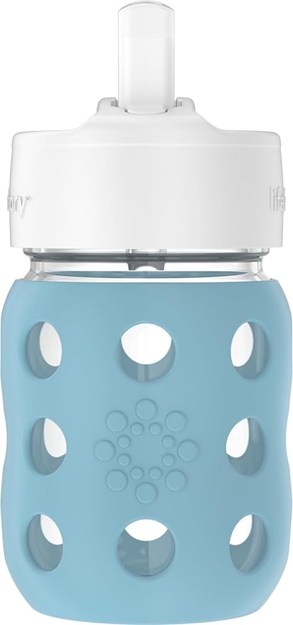 Lifefactory 8-Ounce Wide Neck Glass Baby Bottle with Protective Silicone Sleeve and Pivot Straw Cap, Denim (LG2241WDE4)