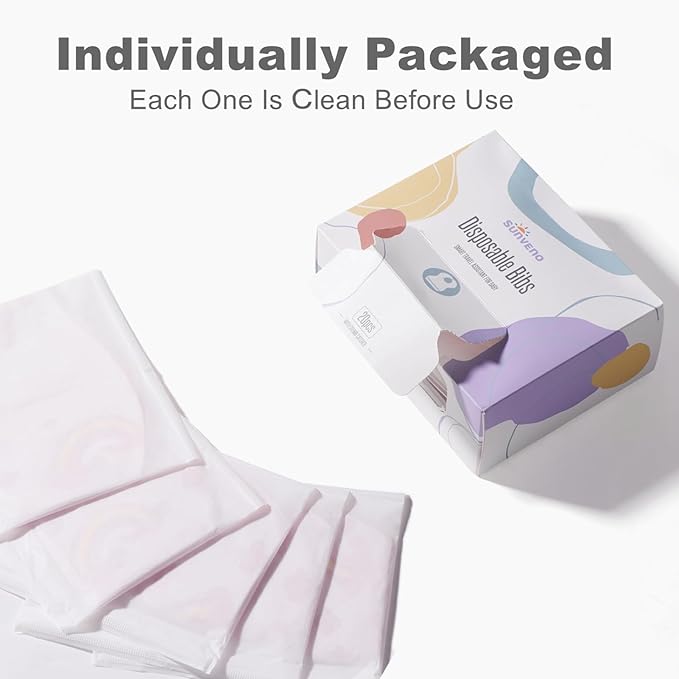 SUNVENO Disposable Baby Bibs with Crumb Catcher Pocket, Leakproof Liner, Adjustable Adhesive Tabs, Individually Wrapped