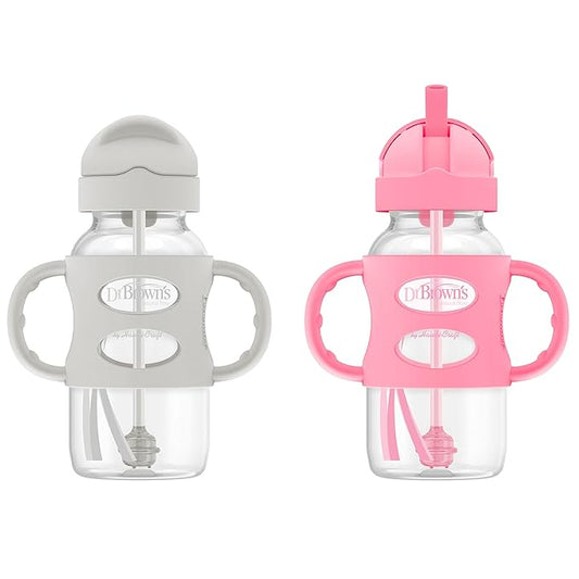 Dr. Brown's Milestones Wide-Neck Sippy Straw Bottle with 100% Silicone Handles and Weighted Straw, 9 oz/270 mL, Gray & Pink, 6m+, 2 Count (Pack of 1)