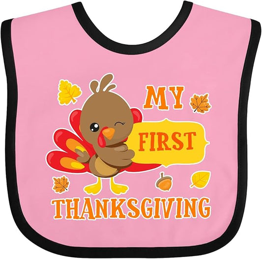 inktastic My First Thanksgiving with Turkey and Leaves Baby Bib