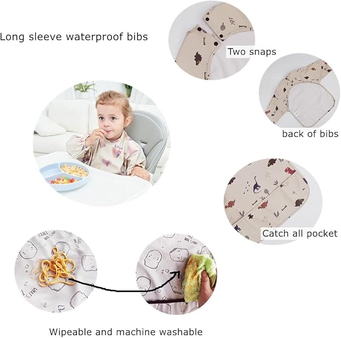 GZMM Waterproof Baby Bibs,Infant Toddler Long Sleeve Feeding Bib With Food Catcher,Easy Clean & Washable