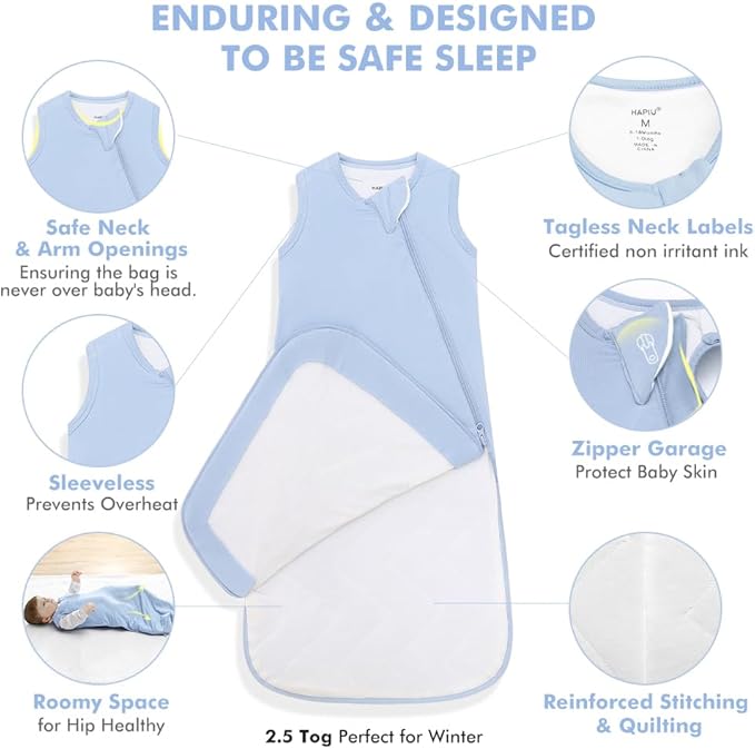 HAPIU Rayon Made from Bamboo Winter Baby Sleep Sack 2.5 TOG, 2-Way Zipper YKK, Warm Quilted Wearable Blanket