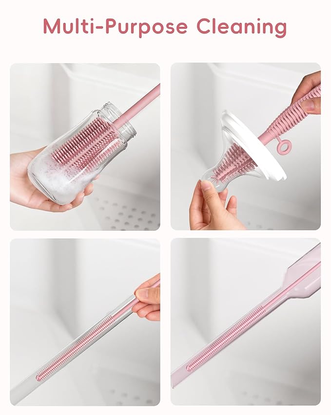 Baby Bottle Brush and Straw Cleaner Brush Set, Extra Long Double-Ended Soft Silicone Brush Cleaner for Baby Bottles, Water Bottles, Cups, Breast Pumps, Detachable & Hangable