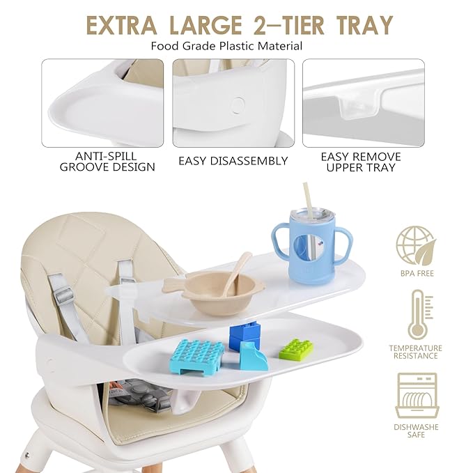 6 in 1 Baby High Chair, Convertible Wooden High Chairs/Booster Seat for Babies and Toddlers, Baby Feeding Chair with 5-Point Harness/Double Removable Tray & Adjustable Footrest (Beige)
