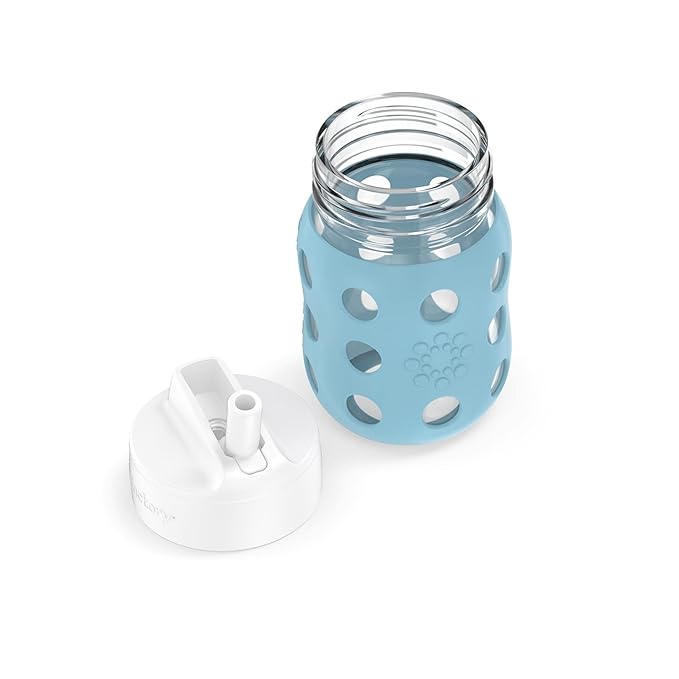 Lifefactory 8-Ounce Wide Neck Glass Baby Bottle with Protective Silicone Sleeve and Pivot Straw Cap, Denim (LG2241WDE4)