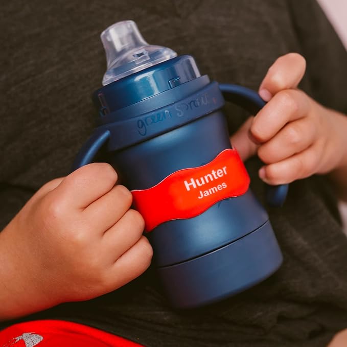 InchBug Orbit Labels Baby Bottle and Water Bottle Silicone Name Bands – Personalized Reusable Label Set for Daycare, Sippy Cups, Preschool, Elementary School, Dishwasher Safe, 4-Pack (Flamingo Pink)