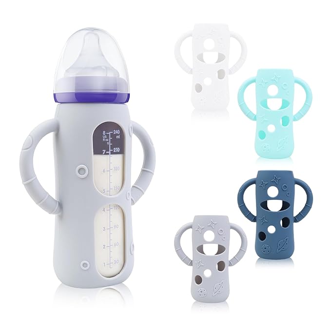 ZCH 4-Pack Silicone Sleeves for Lansinoh Glass Bottles, BPA-Free Drop-Resistant Baby Bottle Sleeves with Handles, Compatible with Lansinoh Anti-Colic Glass Baby Bottles (8 oz)