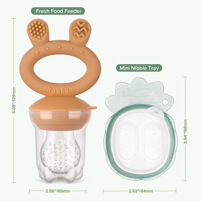 Haakaa Baby Fruit Food Feeder & Mini Freezer Nibble Tray Combo, Breastmilk Popsicle Molds for Baby Cooling Relief, BPA Free Silicone Feeder for Safe Infant Self Feeding, 4 Month+ (Pumpkin)