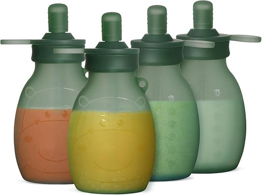 haakaa Silicone Hippo Pouch – Reusable Pouches for Toddlers, Reusable Baby Food Pouches with Wide Neck for Easy Fill & Clean, Perfect for Purees & Smoothies, 9oz, 4 Pack, (Pea Green)