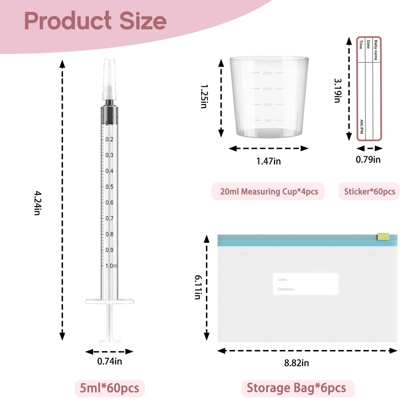 60 Sets 1Ml Colostrum Collector Kit Include 60 1ml No Needle Sterile Syringes with Cap, 4 Measuring Cup, 6 Zip-lock Storage Bags, 60 Labels for Breast Milk Collector