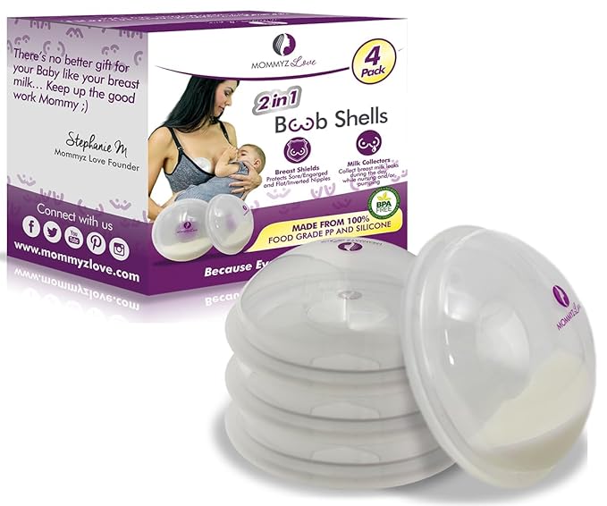 Mommyz Love Breast Shells & Milk Catcher for Breastfeeding No Plugs - Breast Milk Catcher to Relieve & Protect Cracked Sore & Engorged Nipples - Breast Shells Milk Collector for Leaking Milk (4 Pack)