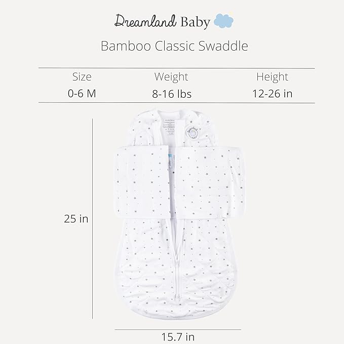 Dreamland Baby Viscose Swaddle Blanket (0-6 Months). 1.0 TOG Ultra Soft Swaddle Blanket w/Built in Band. 97% Viscose, 3% Spandex (White with Grey Stars). Mom-Owned US Business, Premium Materials