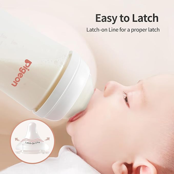 Pigeon Newborn Baby Bottle Feeding Gift Set, Nurture & Nest, Anti-Colic Wide Neck Bottle with Latch-On Nipple, 3 Bottles (5.4 Oz), 3 Stage 2 Nipples, 1 Bottle Brush and 1 Nipple Brush