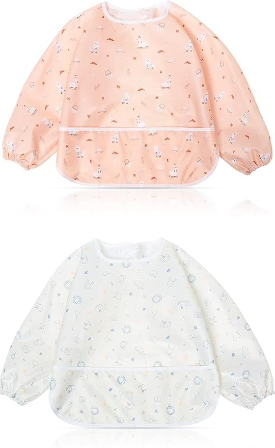 Little Dimsum Baby Bib with Pocket Waterproof Toddler Bibs Infant Feeding Bibs for Boys and Girls, Pack of 2 Colors