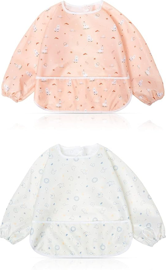 Little Dimsum Baby Bib with Pocket Waterproof Toddler Bibs Infant Feeding Bibs for Boys and Girls, Pack of 2 Colors