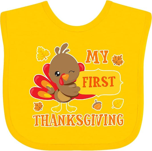 inktastic My First Thanksgiving with Turkey and Leaves Baby Bib