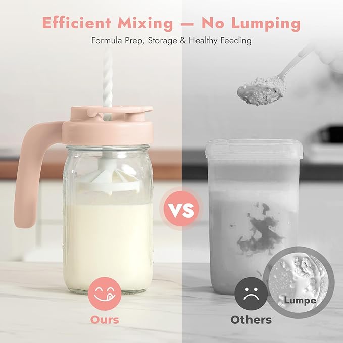 Papablic Glass Breastmilk Pitcher, Formula Mixing Pitcher with Mixing Handle Lid, Wide Mouth Mason Jar Mixer with Flip Locking Spout, Easy to Clean, BPA Free, Pink