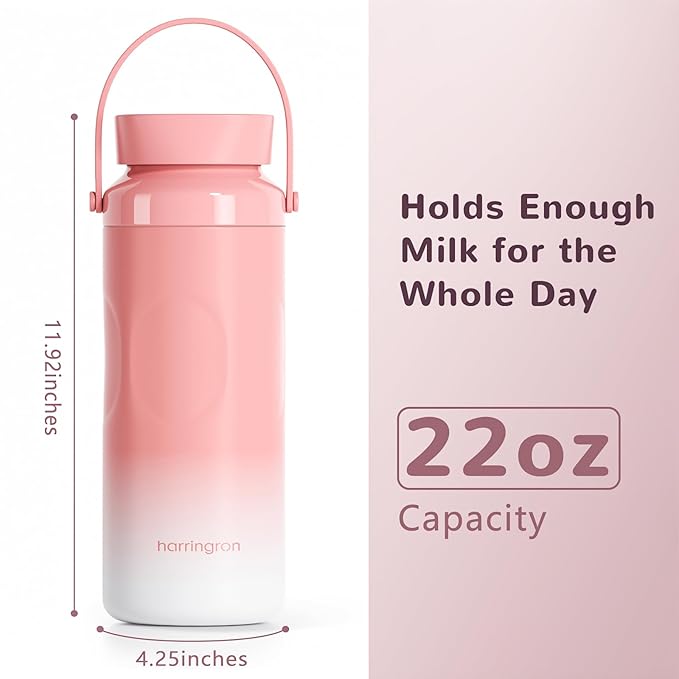 Portable Breast Milk Cooler Bottle - 48 Hours Cold Storage, 22oz Stainless Steel Breastmilk Chiller for Travel, Reusable Milkcooler with 2 Baby Bottles, Outdoor Thermos for Breastfeeding Moms, Pink