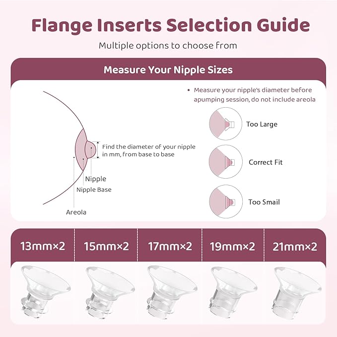 Flange Sizing Kit with 10PCS Flange Inserts 13/15/17/19/21mm, Nipple Measurement Tool, Silicone Flange Insert Kit for 24mm Flange/Shield Electric Breast Pumps, Breastfeeding Essentials Kit
