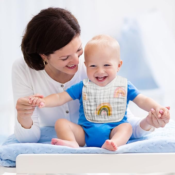 Zainpe 6Pcs Snap Muslin Cotton Bibs for Baby Rainbow Unicorn Flamingo Machine Washable Burp Cloths with 6 Absorbent Soft Layers for Girl&Boy Infant Newborn Toddler Feeding Drooling Teething