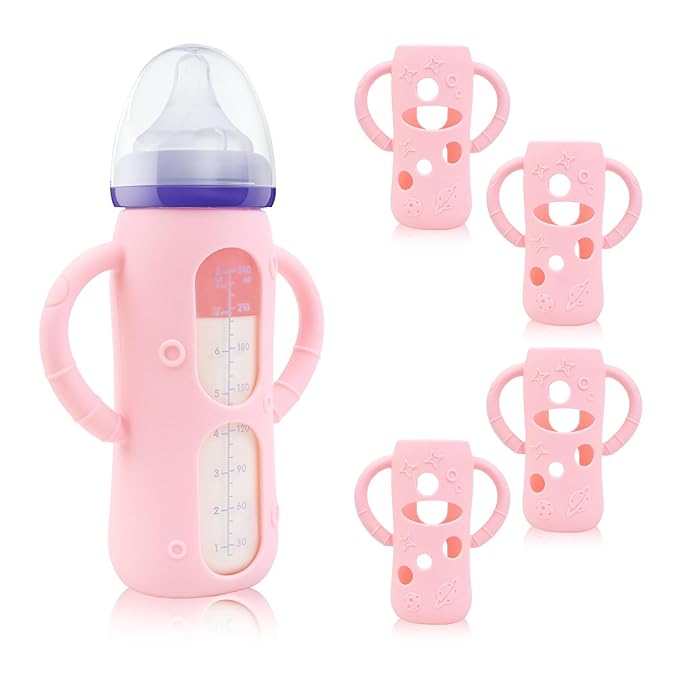 ZCH 4-Pack Silicone Sleeves with Handles for Lansinoh Glass Bottles, BPA-Free Drop-Resistant Baby Bottle Sleeves with Handles, Compatible with Lansinoh Anti-Colic Glass Baby Bottles (8 oz)