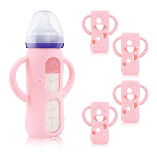 ZCH 4-Pack Silicone Sleeves with Handles for Lansinoh Glass Bottles, BPA-Free Drop-Resistant Baby Bottle Sleeves with Handles, Compatible with Lansinoh Anti-Colic Glass Baby Bottles (8 oz)
