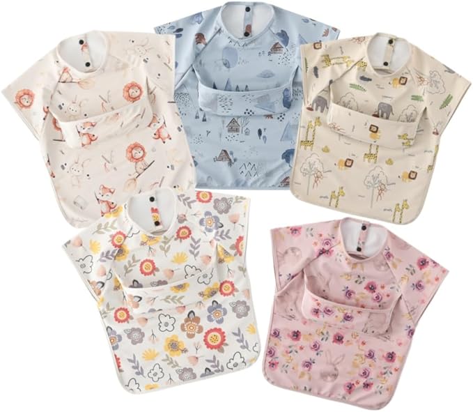 GZMM Waterproof Baby Bibs,Infant Toddler Extra Cover Feeding Bib With Food Catcher,Easy Clean & Washable