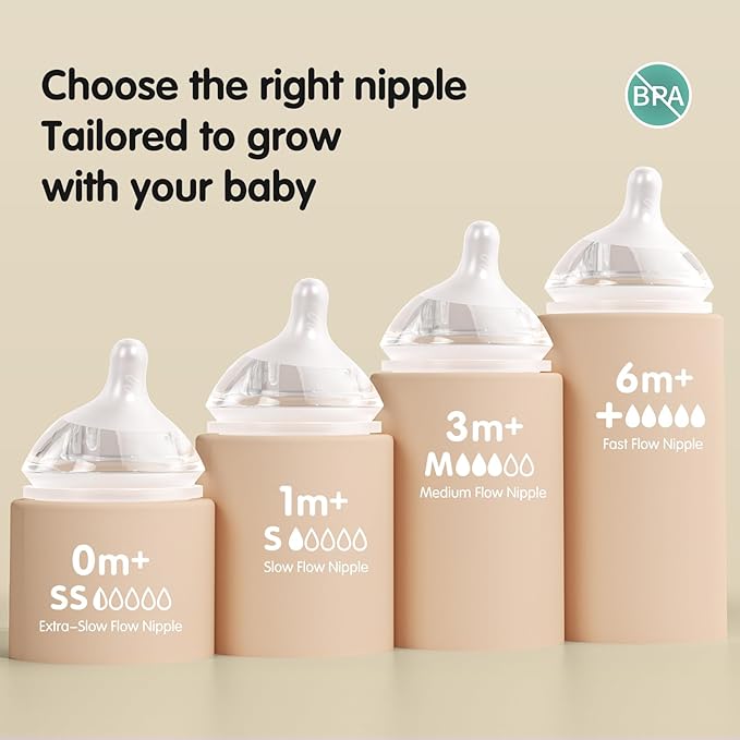 Silicone Bottle Nipples for Natural Baby Bottle, Slow Flow (S), Replacement Bottle Nipple, 1+ Months, 4 Counts