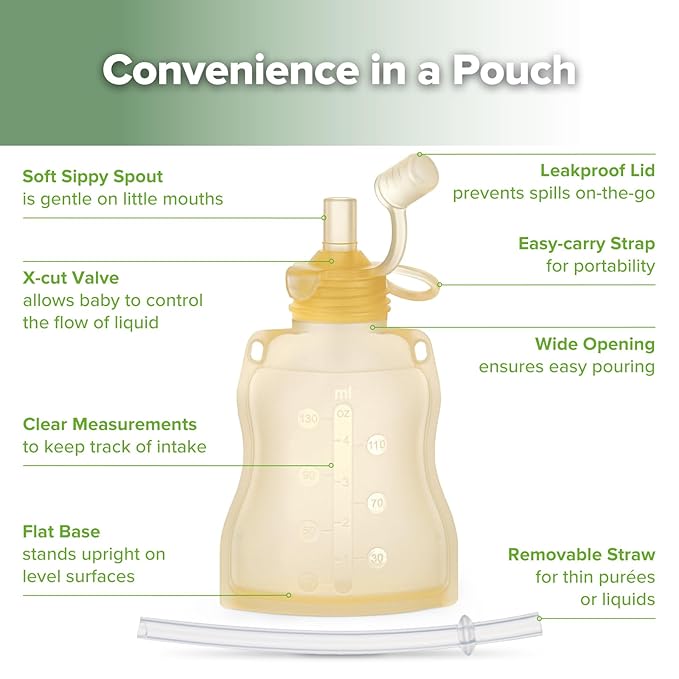 haakaa Baby Food Pouch Refillable Baby Squeeze Silicone Yummy Pouch, Soft Reusable Squeeze Storage Food Pouch for Kids Toddler,Home Made Food Puree,Smoothie Pouch Bag, 4oz, 4 Pack,6m+ (Yellow)