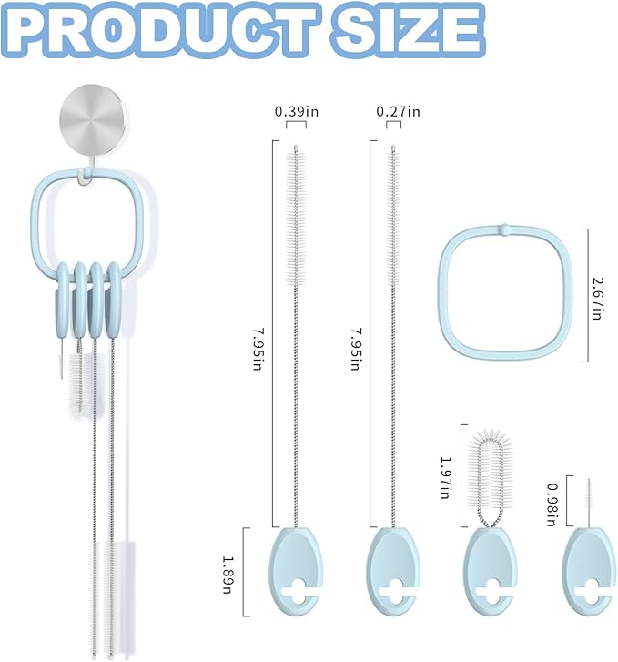 YOTIME Standing Straw Cleaner Brush Set, 4in1 Reusable Straw Brushes with Holder Ring, for Wide and Narrow Straws, Tumblers, Water Bottles and Cups, Blue