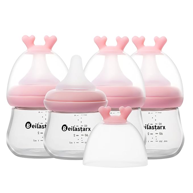 Glass Baby Bottles with Natural Response Nipple Size SS - Anti Colic Baby Bottles Wide Neck Slow Flow Baby Bottle (Red, 4oz (Pack of 4))