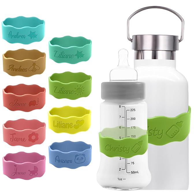 Personalized Baby Bottle Labels for Daycare Custom Water Bottle Name Bands Customized Engraved Silicone Baby Reusable Bottle Straps Labels for Cups School-Green