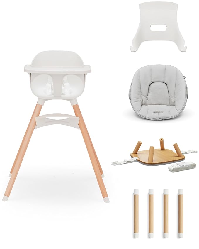 Lalo The 3-in-1 High Chair Kit - Convertible Wooden High Chair for Babies & Toddlers with Infant Support, Cushion, Booster Conversion Kit & Play Legs, Adjustable Footrest - Coconut