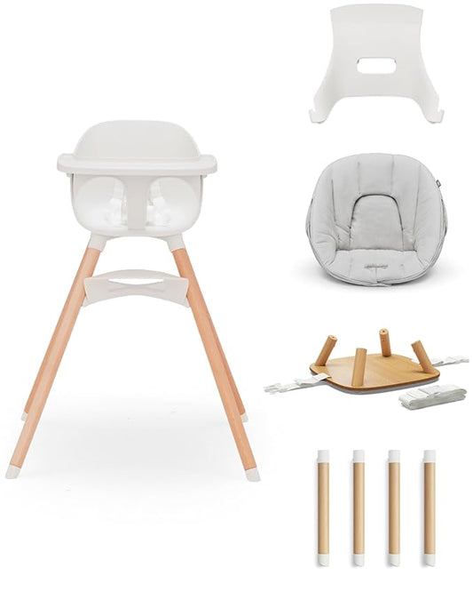 Lalo The 3-in-1 High Chair Kit - Convertible Wooden High Chair for Babies & Toddlers with Infant Support, Cushion, Booster Conversion Kit & Play Legs, Adjustable Footrest - Coconut