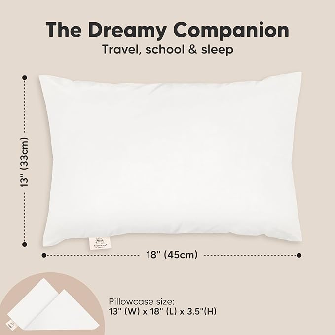 Toddler Pillow with Pillowcase - 13x18 My Little Dreamy Kids Travel Bed Pillows for Sleeping, Organic Cotton Small Pillowcase, Soft & Breathable, Machine Washable, Toddlers 2-5 Years Old (Soft White)
