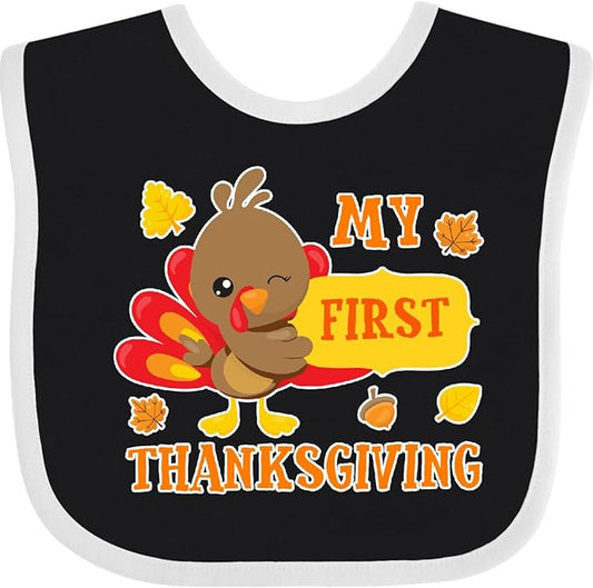inktastic My First Thanksgiving with Turkey and Leaves Baby Bib