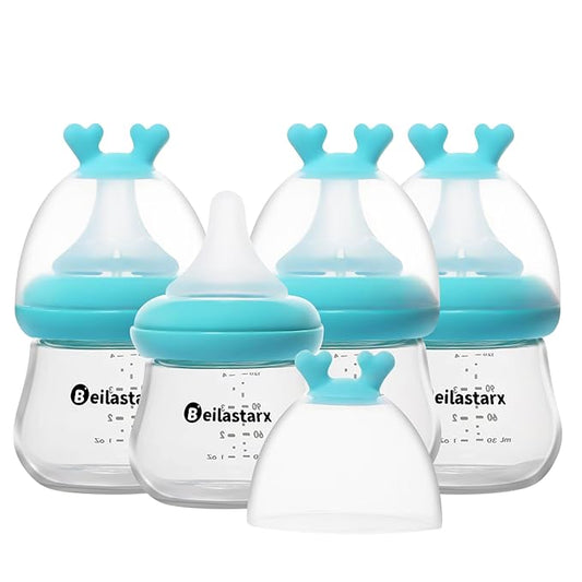 Glass Baby Bottles with Natural Response Nipple Size SS - Anti Colic Baby Bottles Wide Neck Slow Flow Baby Bottle (Blue, 4oz (Pack of 4))