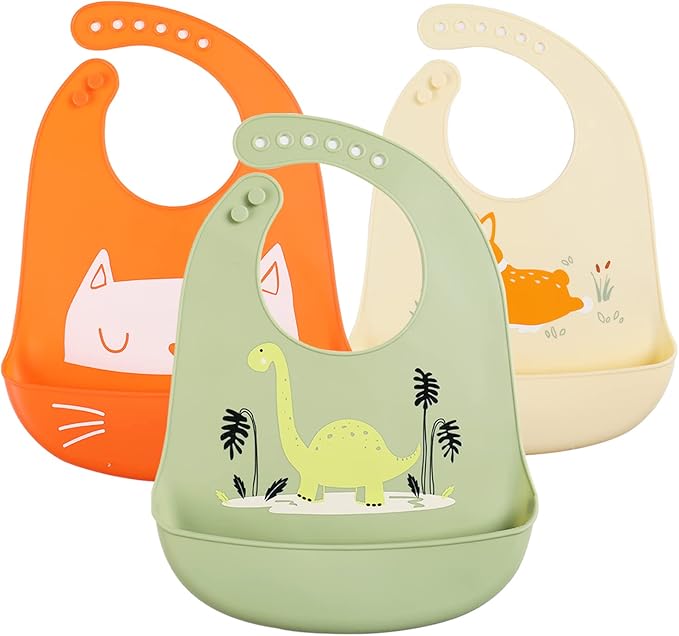 Baby Silicone Feeding Bibs, 3pcs Adjustable Waterproof Bibs for Feeding