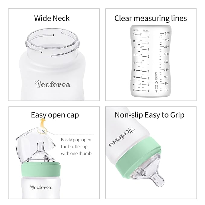 Yooforea Silicone Coated Glass Baby Bottle, 6M+ Fast Flow Nipple I Anti-Colic, Wide Neck, Stable Base I Medical-Grade Silicone Coating for Shatter Protection, BPA BPS PVC Free (9 Ounce-Tea)