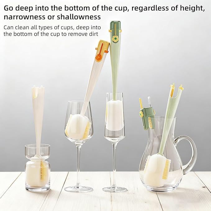 5 in 1 Bottle Cleaning Brush Set, Multifunctional Bottle Cleaning Brush Set, Water Bottle Cleaner Brush, Straw Cleaner Brush for Baby Bottles, 3 Replacement Sponge Brush Heads (White)