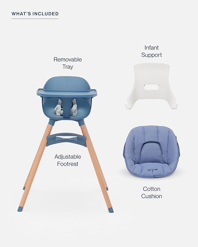 Lalo The High Chair Infant Kit - Convertible Wooden High Chair for Babies & Toddlers with Infant Support & Cushion, Grows with Your Child, Dishwasher Safe Tray, Adjustable Footrest Blueberry