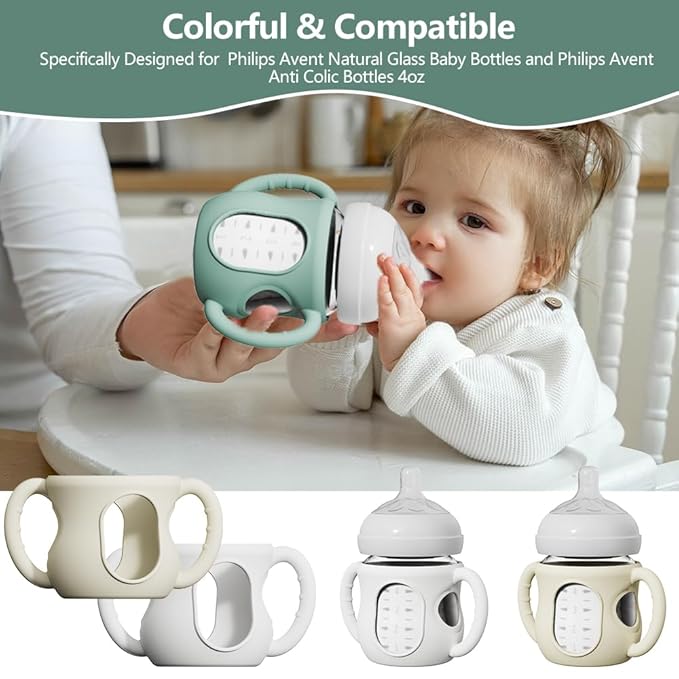 2 Pack Silicone Sleeves for Avent Natural Glass Bottles, Anti Breakage Bottle Holder with Handle, Compatible Philips Avent Glass Natural Bottle 4 oz