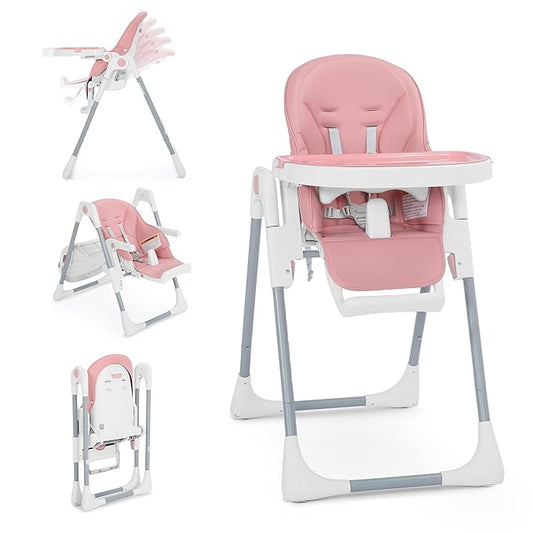 3 in 1 Foldable Baby High Chair, Infant High Chairs for Babies and Toddlers, 6 Height & 5 Recline Adjustable Toddler Feeding Chair, 2 Tray Depth & 3 Footrest Angles, 2 Built-in Wheels, Pink