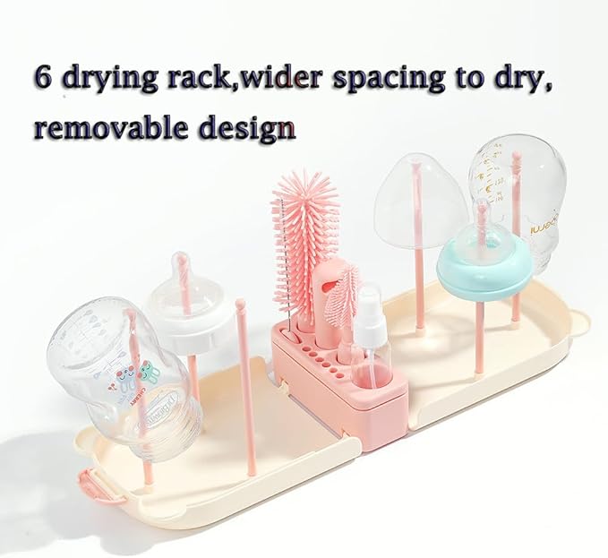 6 In1 Baby Bottle Brush Kit,Portable Silicone Bottle Brush Cleaner Set with Straw Brush,Nipple Brush,Drying Rack,Soap Dispenser,Storage Bag for Travel or Home (Pink)