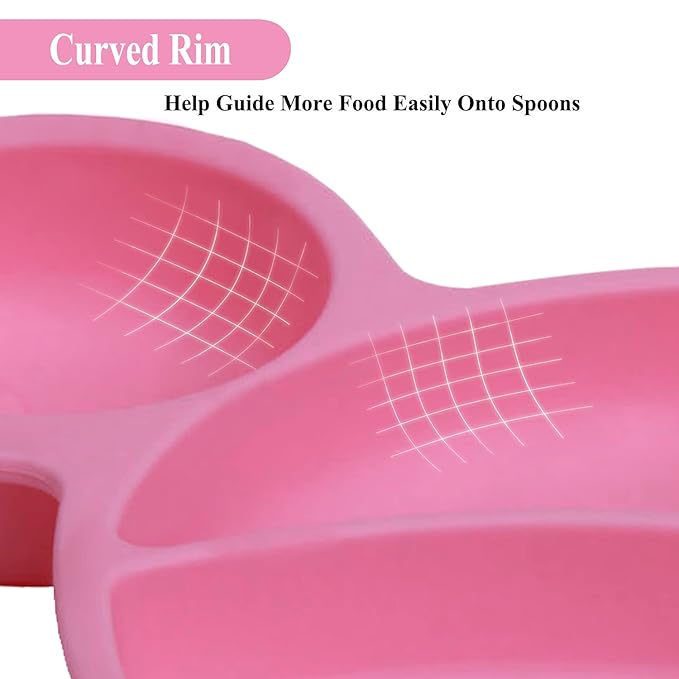 Silicone Suction Plate spoon fork sets for Toddlers,Divided Plate Dish Placemat Bowl for Baby Kids Infant Self Feeding Training，Fits Most Highchairs, BPA Free Microwave Dishwasher Safe-Pink