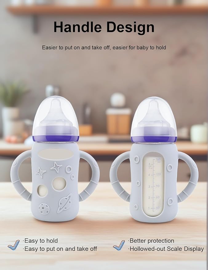 ZCH 4-Pack Silicone Sleeves for Lansinoh Glass Bottles, BPA-Free Drop-Resistant Baby Bottle Sleeves with Handles, Compatible with Lansinoh Anti-Colic Glass Baby Bottles (5 oz)