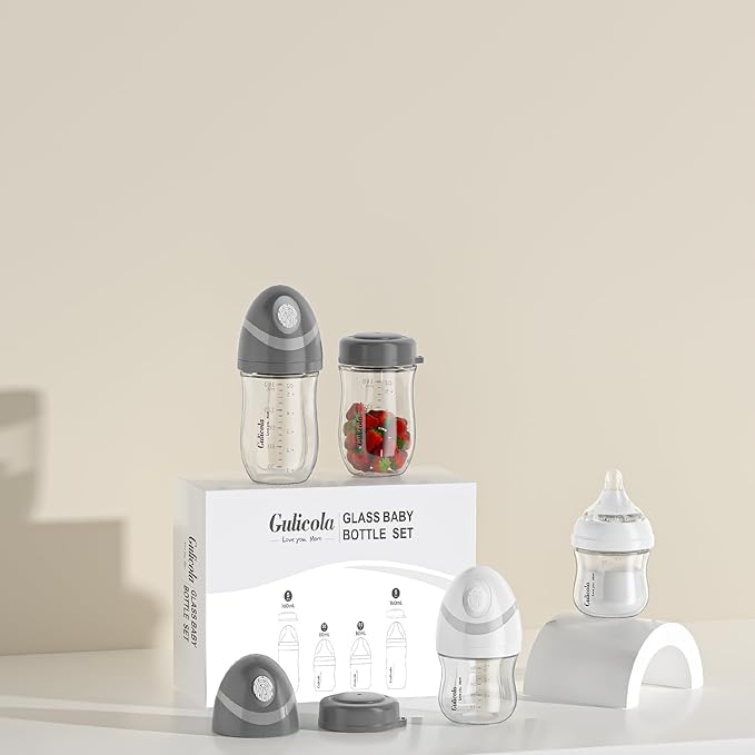 Gulicola Natural Glass Baby Bottles Set 4 Pack, Newborn Boy Breastfeeding Bottles with Slow Flow Nipples, 0 Months+, 3 oz & 5 oz - Black/White