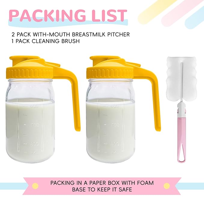 2 PACK Breast Milk Pitcher 32OZ Glass Breastmilk Pitcher with Lids Leak-proof Wide-mouth Storage Jars for Breastmilk, Resistant to Heat or Cold, Freezer-safe (Yellow)