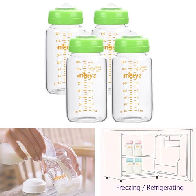 Matyz Glass Breastmilk Storage Containers, 4 Pack, 8 oz Bottle, Compatible with Spectra Medela Philips Pump - Freezer Safe Bottles Set - Leakproof Glass Breast Pump Bottles - No BPA (Green Lids)